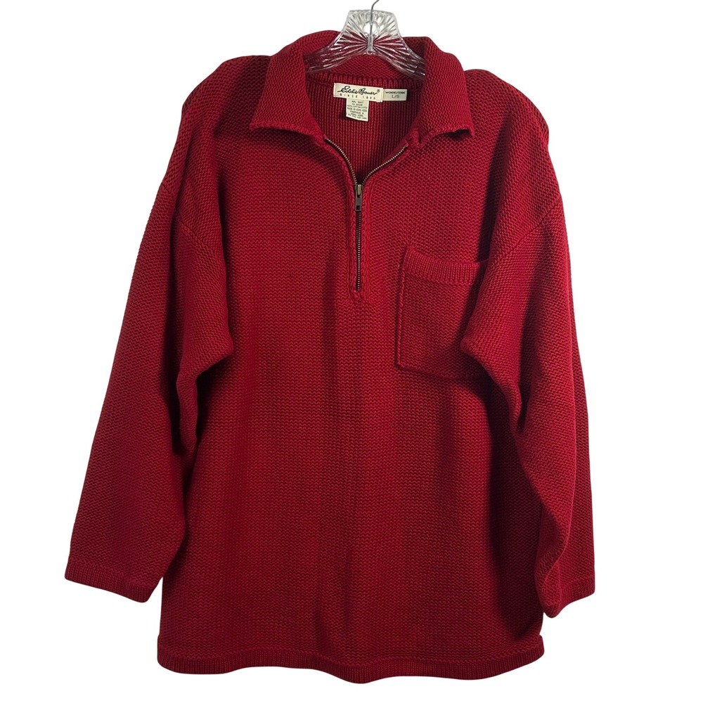 Eddie Bauer Womens Red Cotton Shaker Knit Quarter Zip Pullover Sweater Large